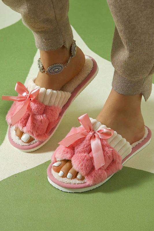 Peach Blossom Bow Knot Decor Open Toe Plush Slippers Slippers JT's Designer Fashion