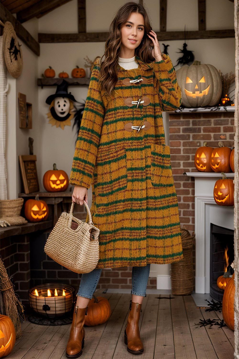 Plaid Long Sleeve Hooded Coat with Pockets Mustard Long Sleeve Tops JT's Designer Fashion