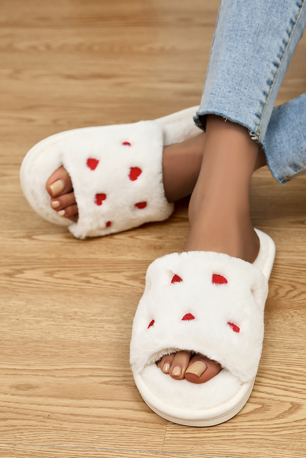 White Valentines Heart Embroidered Fuzzy Winter House Slippers Slippers JT's Designer Fashion