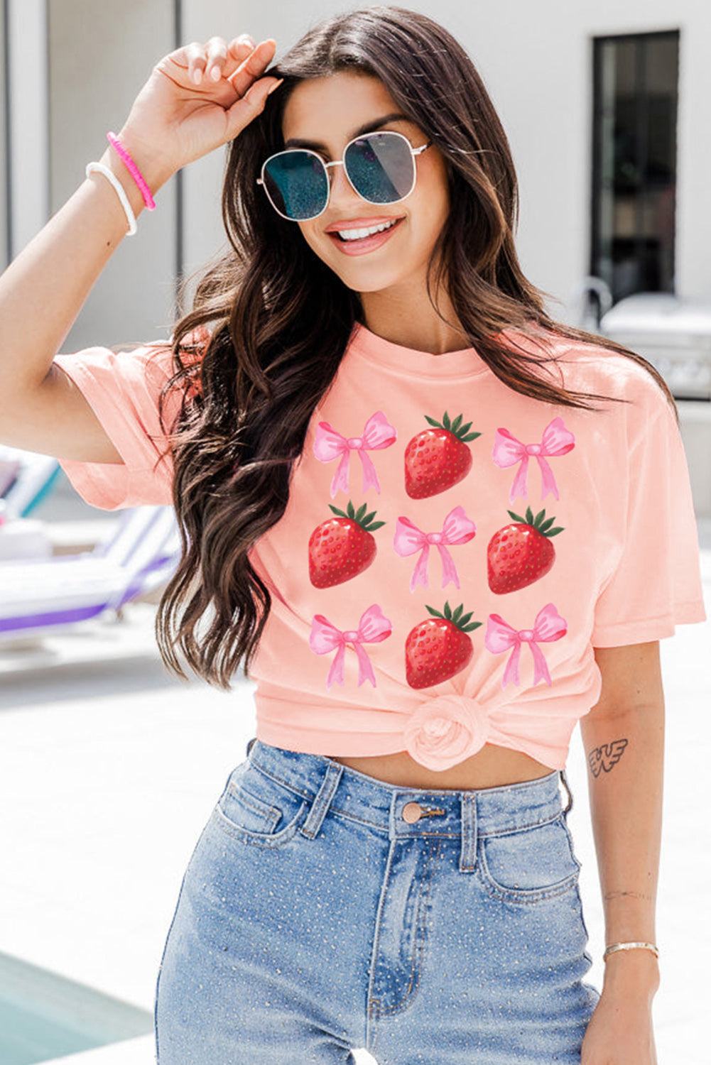 Pink Strawberry & Bowknot Graphic T Shirt Graphic Tees JT's Designer Fashion