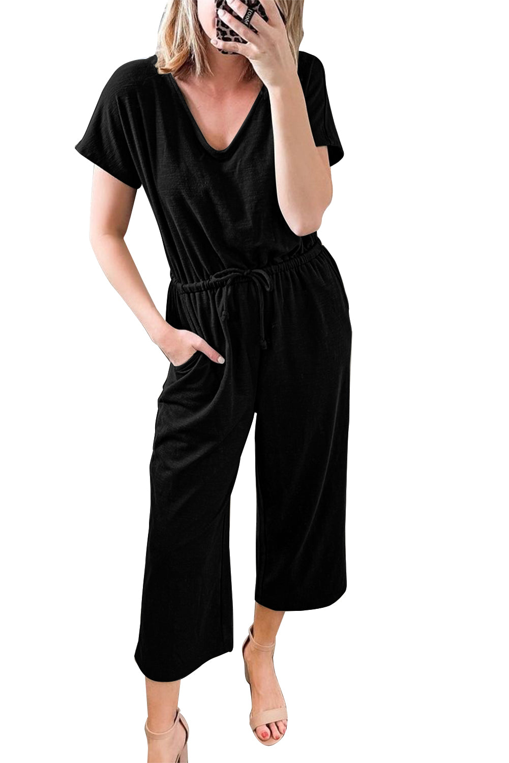 Black V Neck Short Sleeve Jumpsuit Jumpsuits & Rompers JT's Designer Fashion