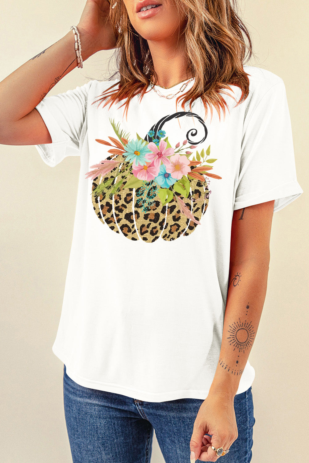 White Floral Leopard Pumpkin Graphic Halloween T Shirt Graphic Tees JT's Designer Fashion