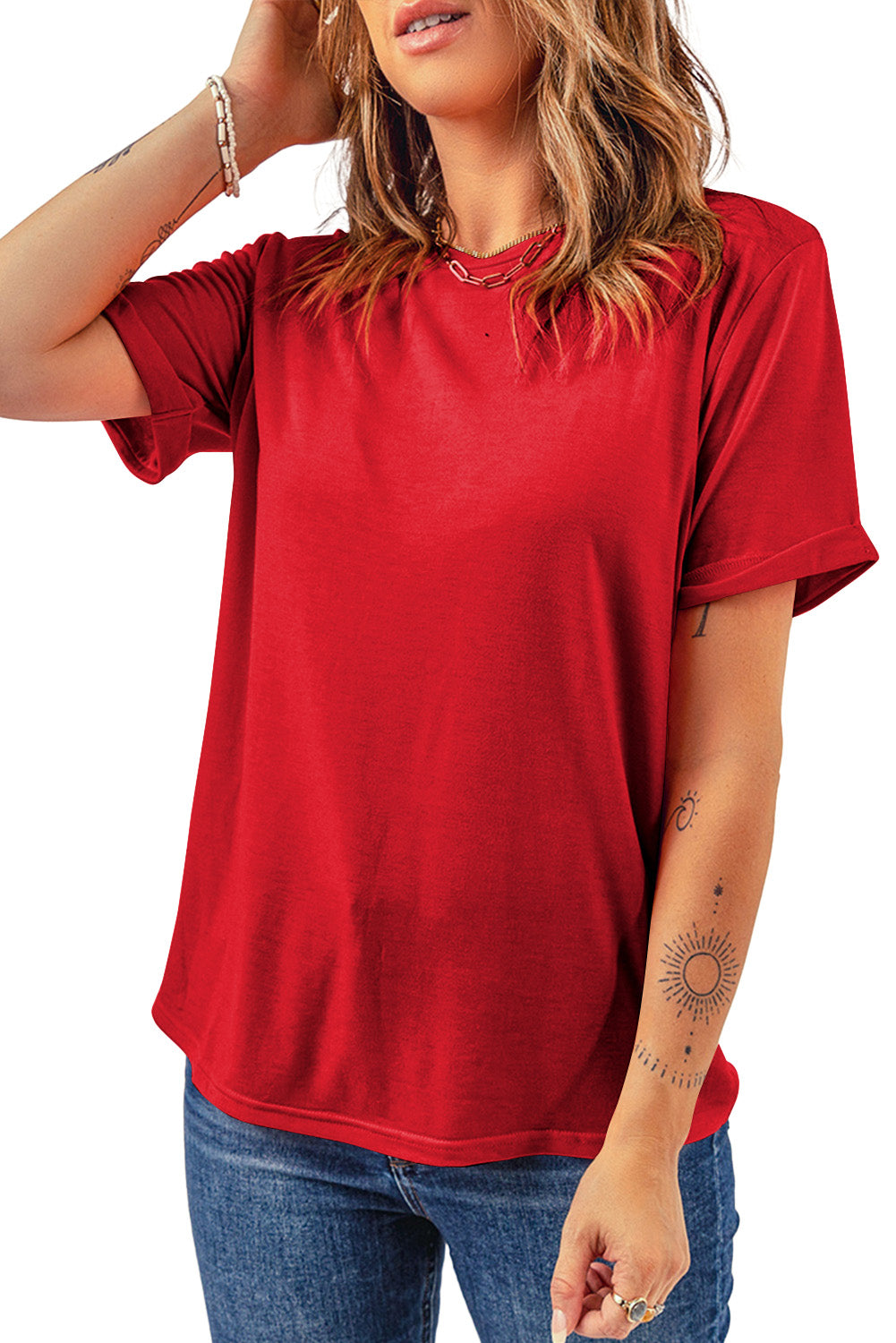 Red Casual Plain Crew Neck Tee Tops & Tees JT's Designer Fashion