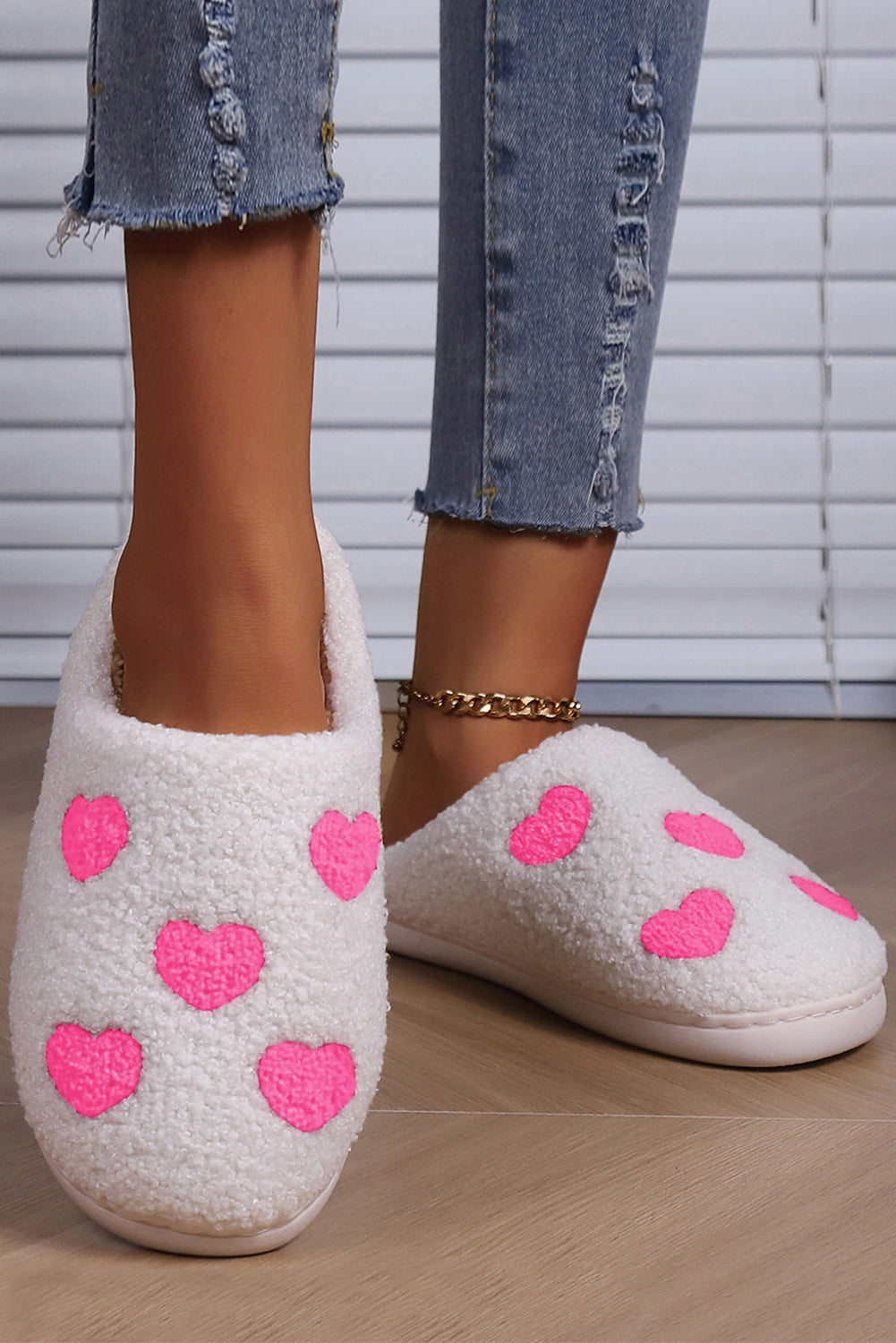 Pink Heart Pattern Valentines Fuzzy Winter Slippers Slippers JT's Designer Fashion