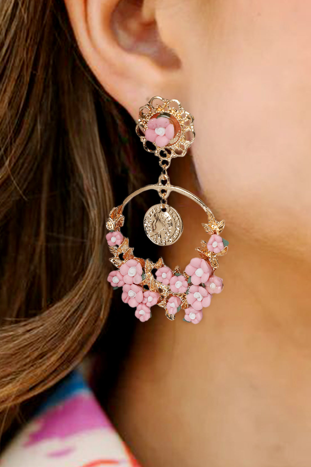 Pink Flower Decor Cut Out Stud Dangle Earrings Jewelry JT's Designer Fashion