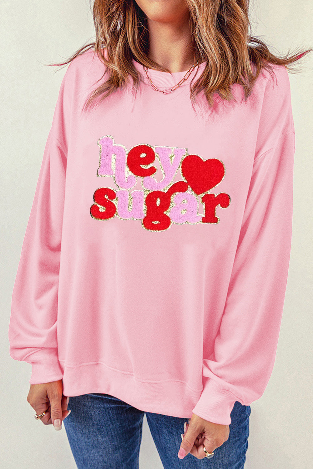 Pink Chenille Heart hey sugar Patched Pattern Valentines Pullover Sweatshirt Graphic Sweatshirts JT's Designer Fashion