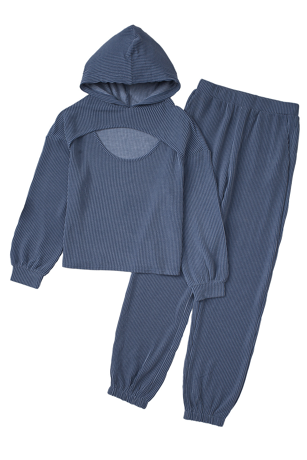 Blue Hollow-out Ribbed Hoodie Pants Casual 2pcs Outfit Pant Sets JT's Designer Fashion