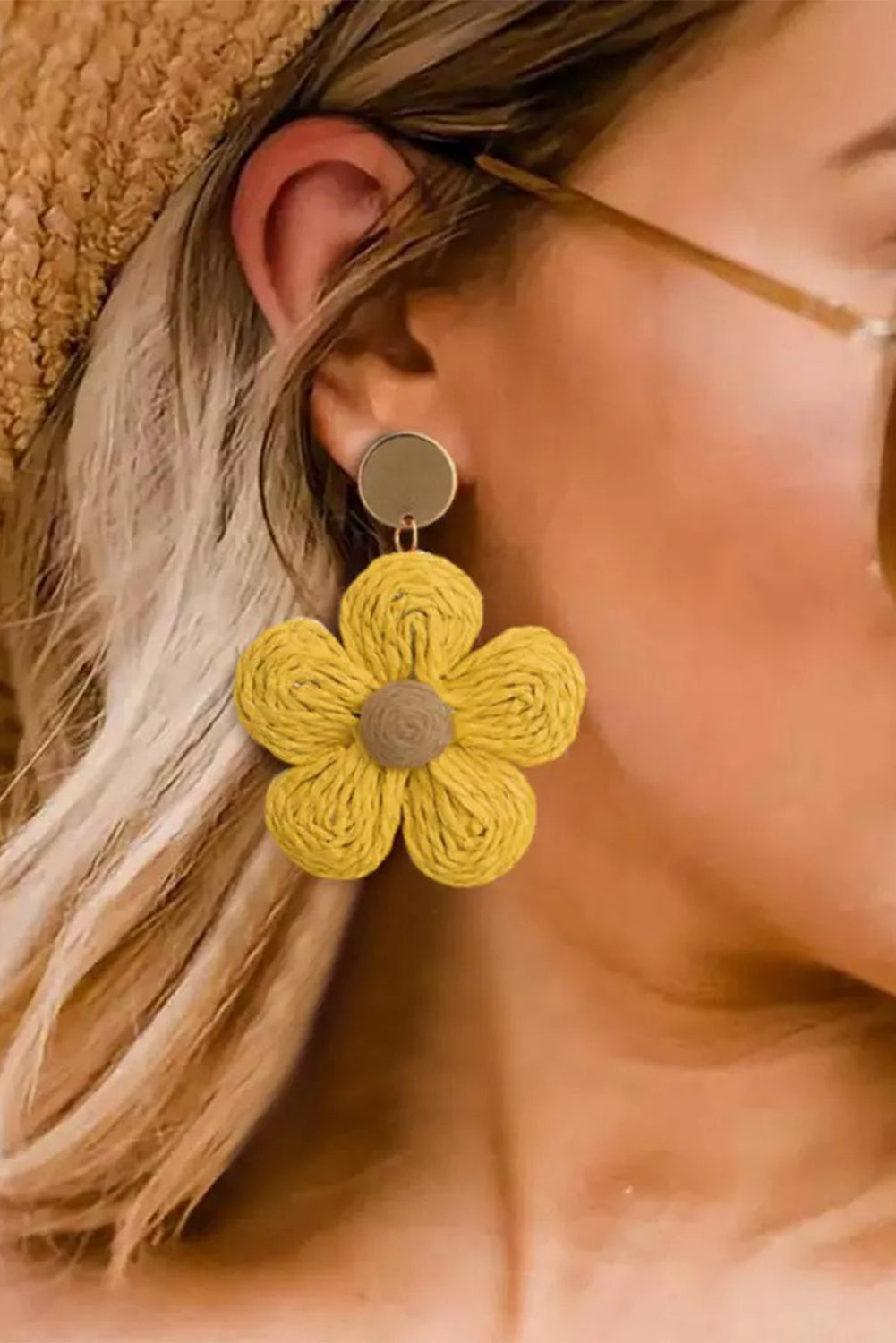 Yellow Bohemian Floral Stud Rattan Earrings Jewelry JT's Designer Fashion