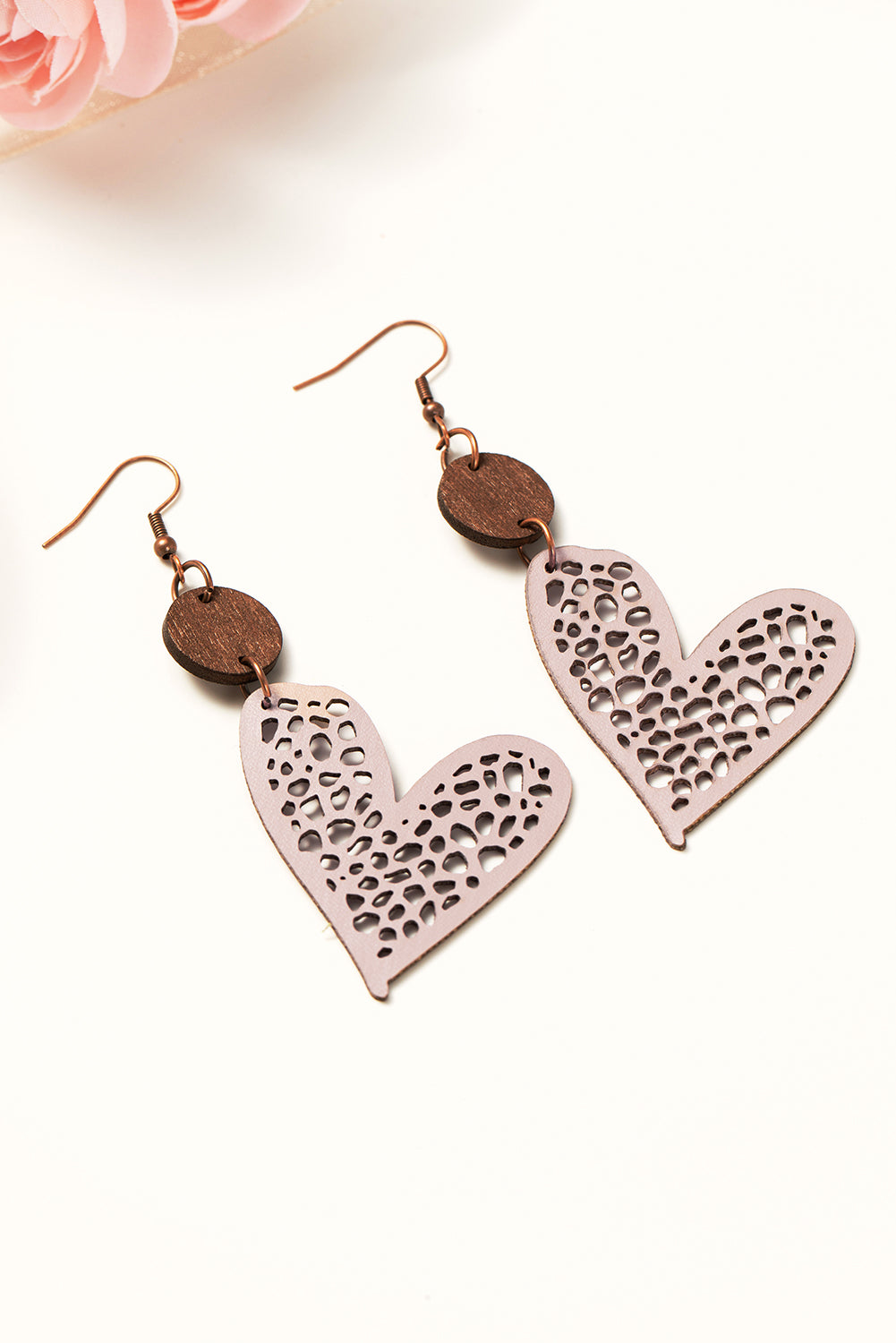 Light Pink Valentine Hollow-out Love Heart Dangle Earrings Jewelry JT's Designer Fashion