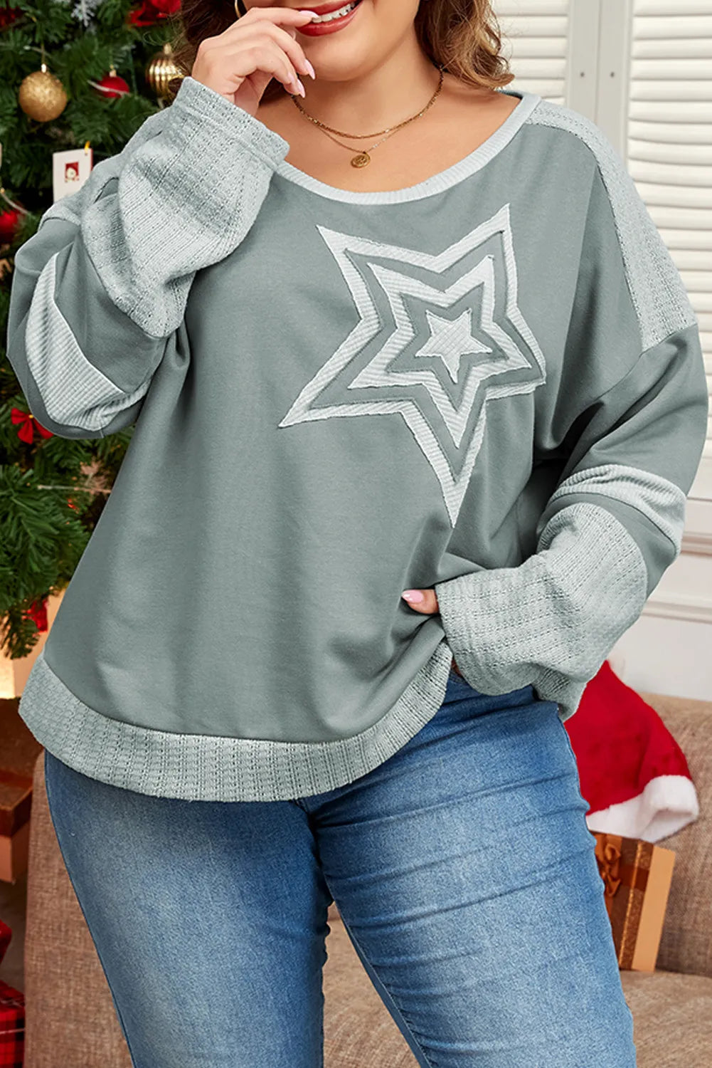 Plus Size Star Round Neck Long Sleeve Top Sage Long Sleeve Tops JT's Designer Fashion