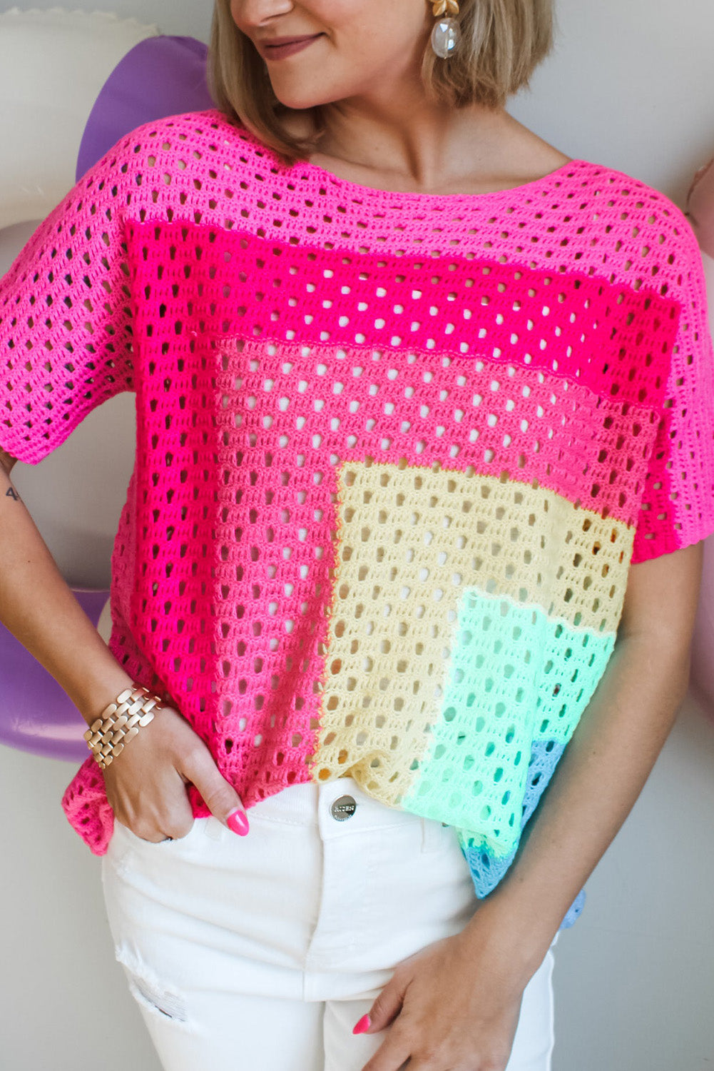 Pink Geometric Color Block Hollowed Crochet Sweater T Shirt Pre Order Sweaters & Cardigans JT's Designer Fashion