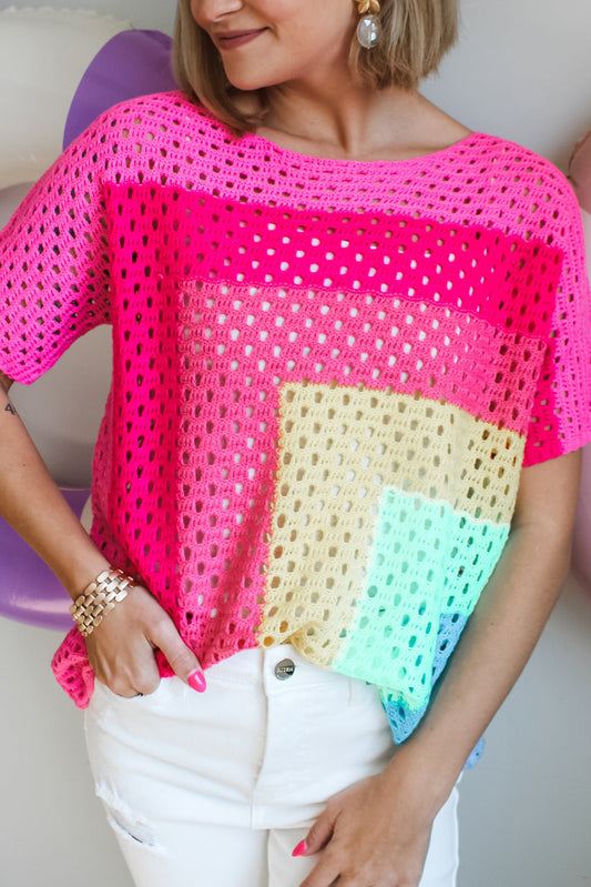 Pink Geometric Color Block Hollowed Crochet Sweater T Shirt Pre Order Sweaters & Cardigans JT's Designer Fashion