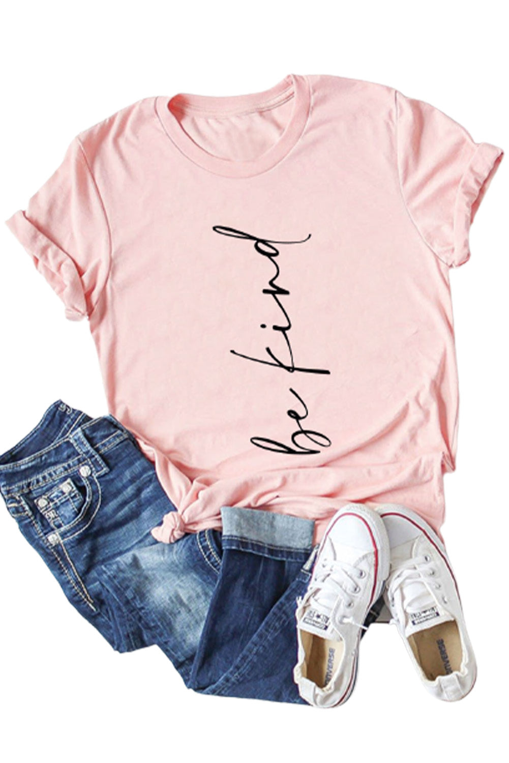 Pink Be Kind Letter Printed Crewneck T Shirt Graphic Tees JT's Designer Fashion