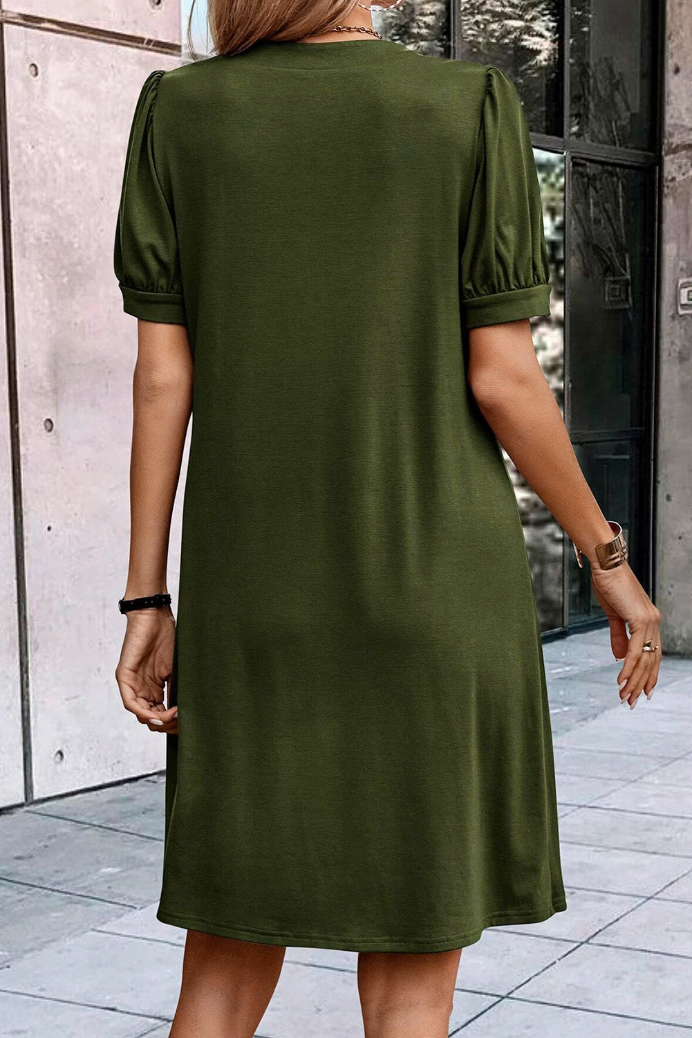 Fern Green Notched Neck Pleated Puff Sleeve Shift T-shirt Dress T Shirt Dresses JT's Designer Fashion