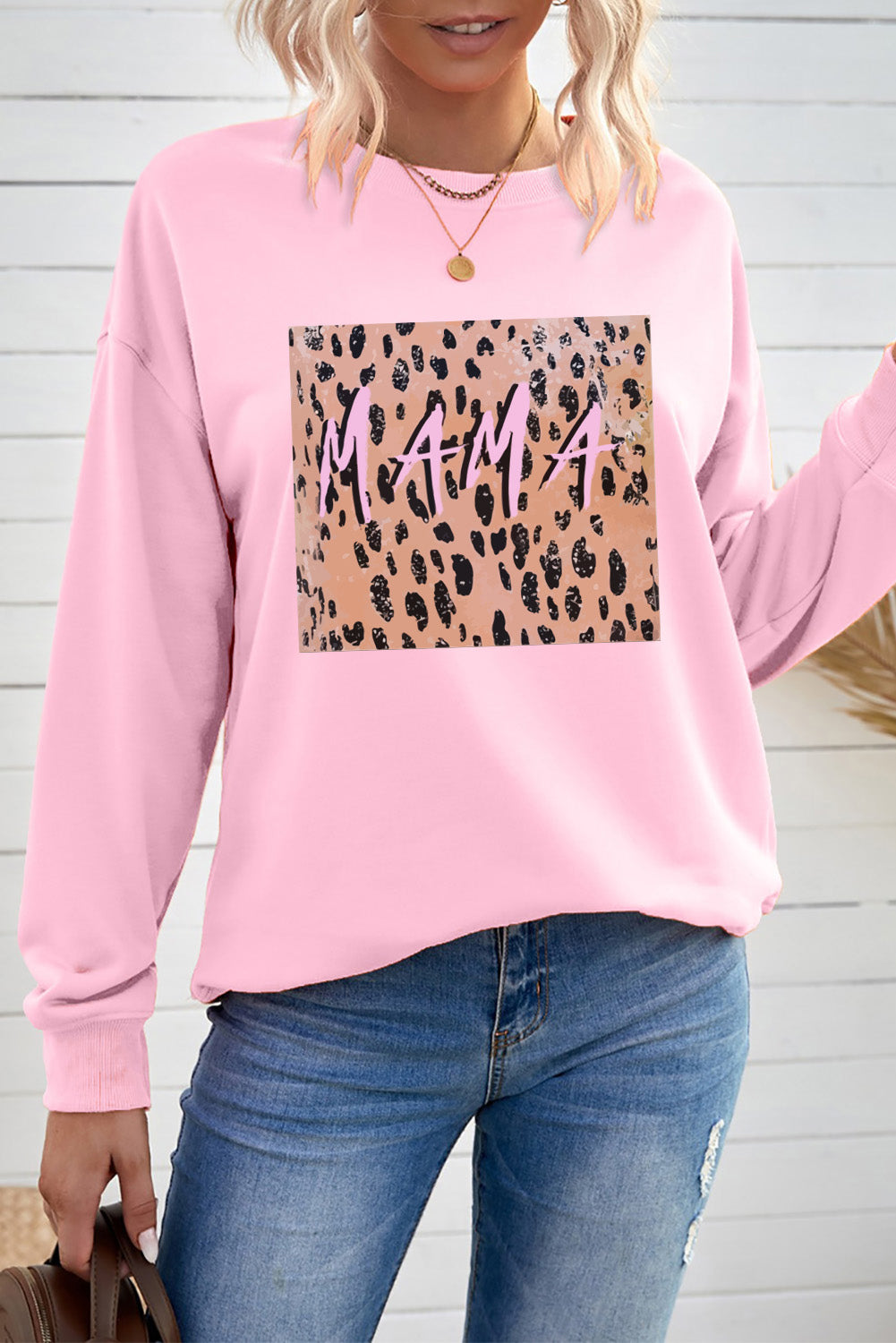 Pink MAMA Leopard Color Block Drop Sleeve Pullover Sweatshirt Graphic Sweatshirts JT's Designer Fashion