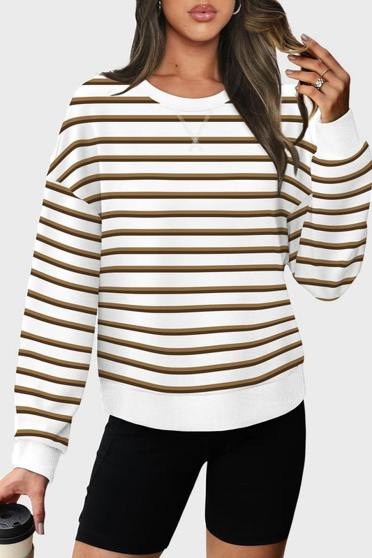 Striped Round Neck Long Sleeve Sweatshirt Camel Long Sleeve Tops JT's Designer Fashion