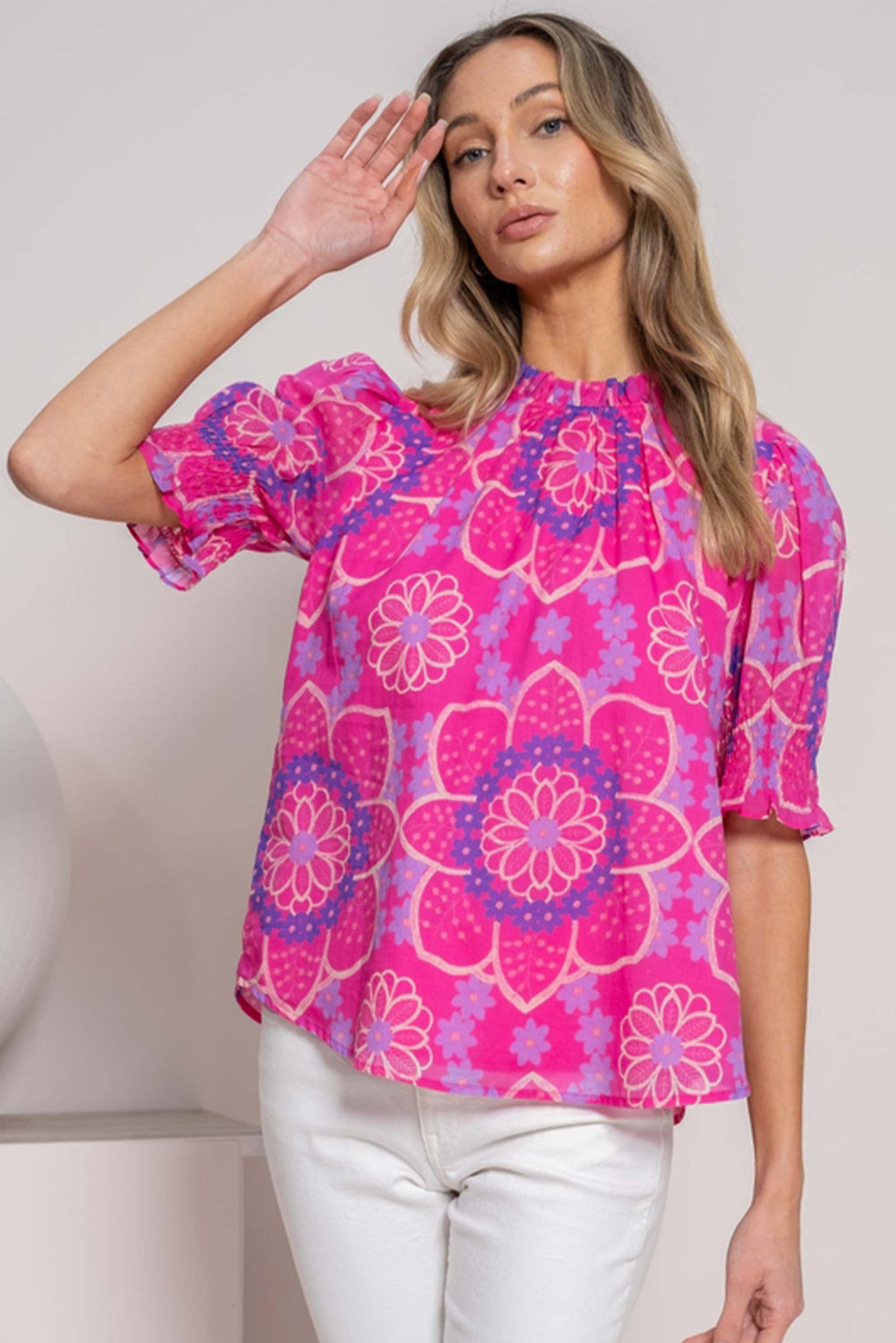 Rose Floral Print Frilled Neck Smocked Puff Sleeve Blouse Blouses & Shirts JT's Designer Fashion