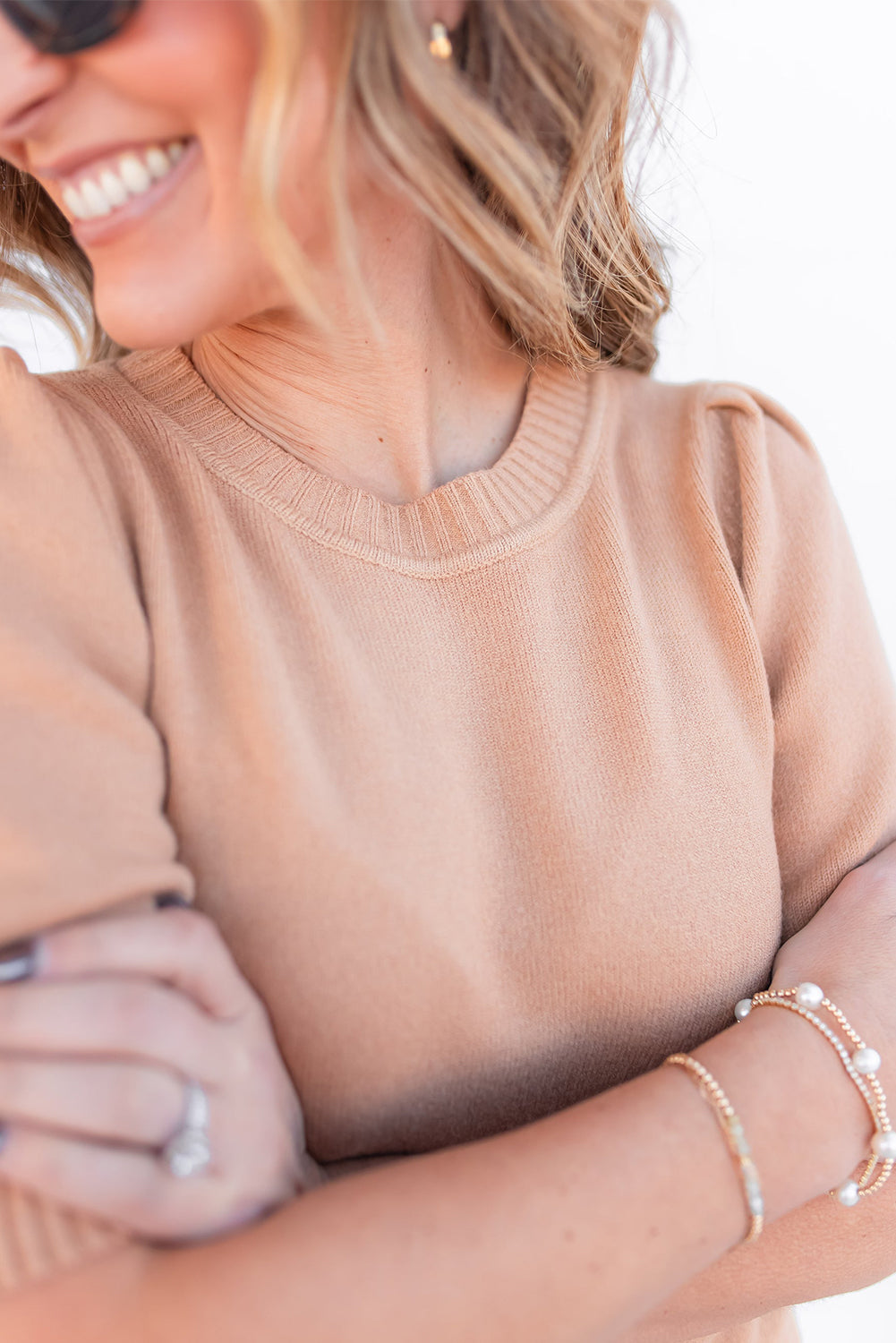 Apricot Pink Solid Ribbed Trim Short Sleeve Knit Top Pre Order Sweaters & Cardigans JT's Designer Fashion