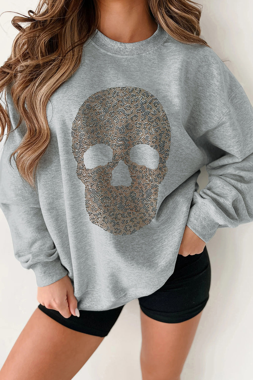 Light Grey Rhinestone Skull Graphic Drop Shoulder Sweatshirt Light Grey 50%Polyester+50%Cotton Graphic Sweatshirts JT's Designer Fashion