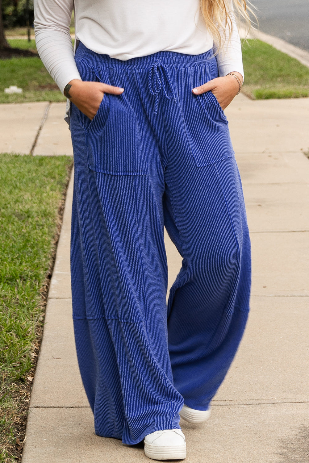 Sky Blue Corded Drawstring High Waist Pocket Plus Size Wide Leg Pants Plus Size Bottoms JT's Designer Fashion