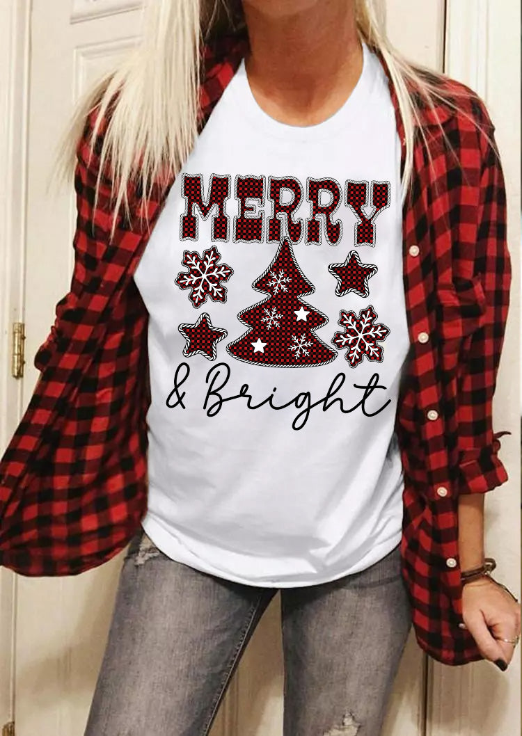 White MERRY and Bright Plaid Print Christmas Crewneck T Shirt Graphic Tees JT's Designer Fashion