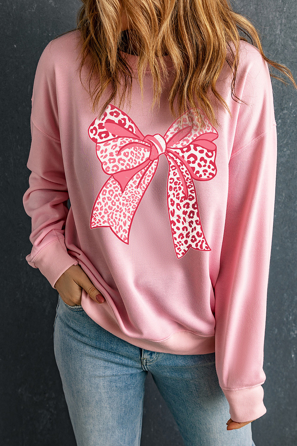 Pink Leopard Bowknot Printed Crewneck Pullover Sweatshirt Graphic Sweatshirts JT's Designer Fashion