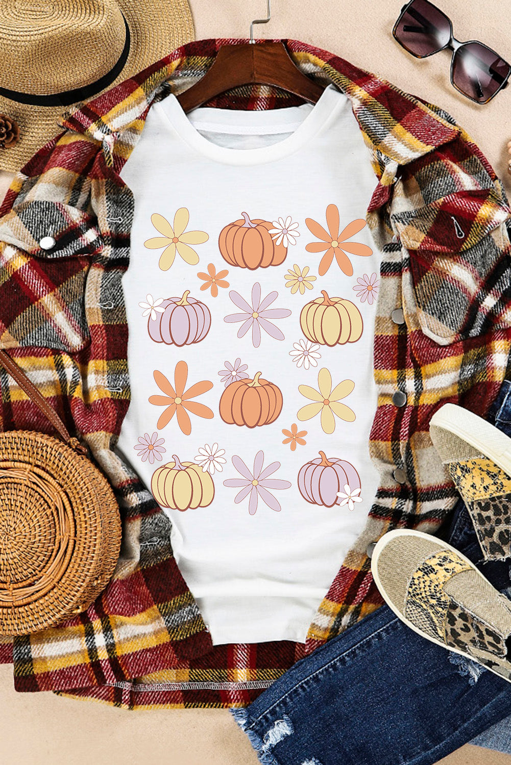 White Floral Pumpkin Graphic Crewneck Halloween T Shirt Graphic Tees JT's Designer Fashion