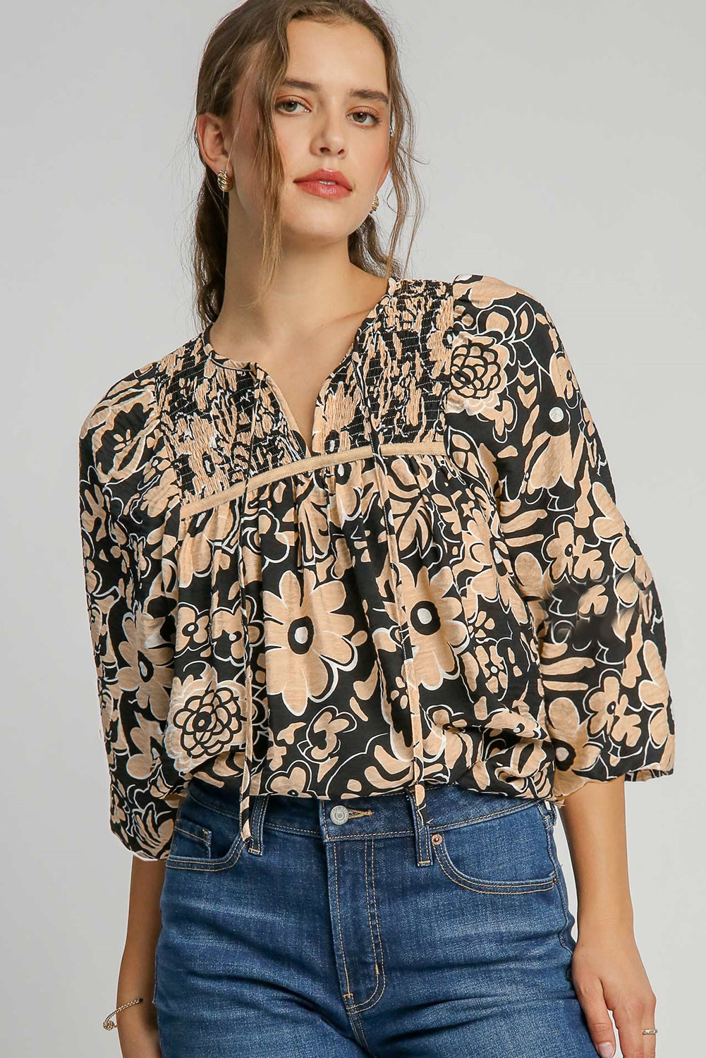 Black Floral Shirred Yoke Bracelet Sleeve Split Neck Boho Blouse Blouses & Shirts JT's Designer Fashion