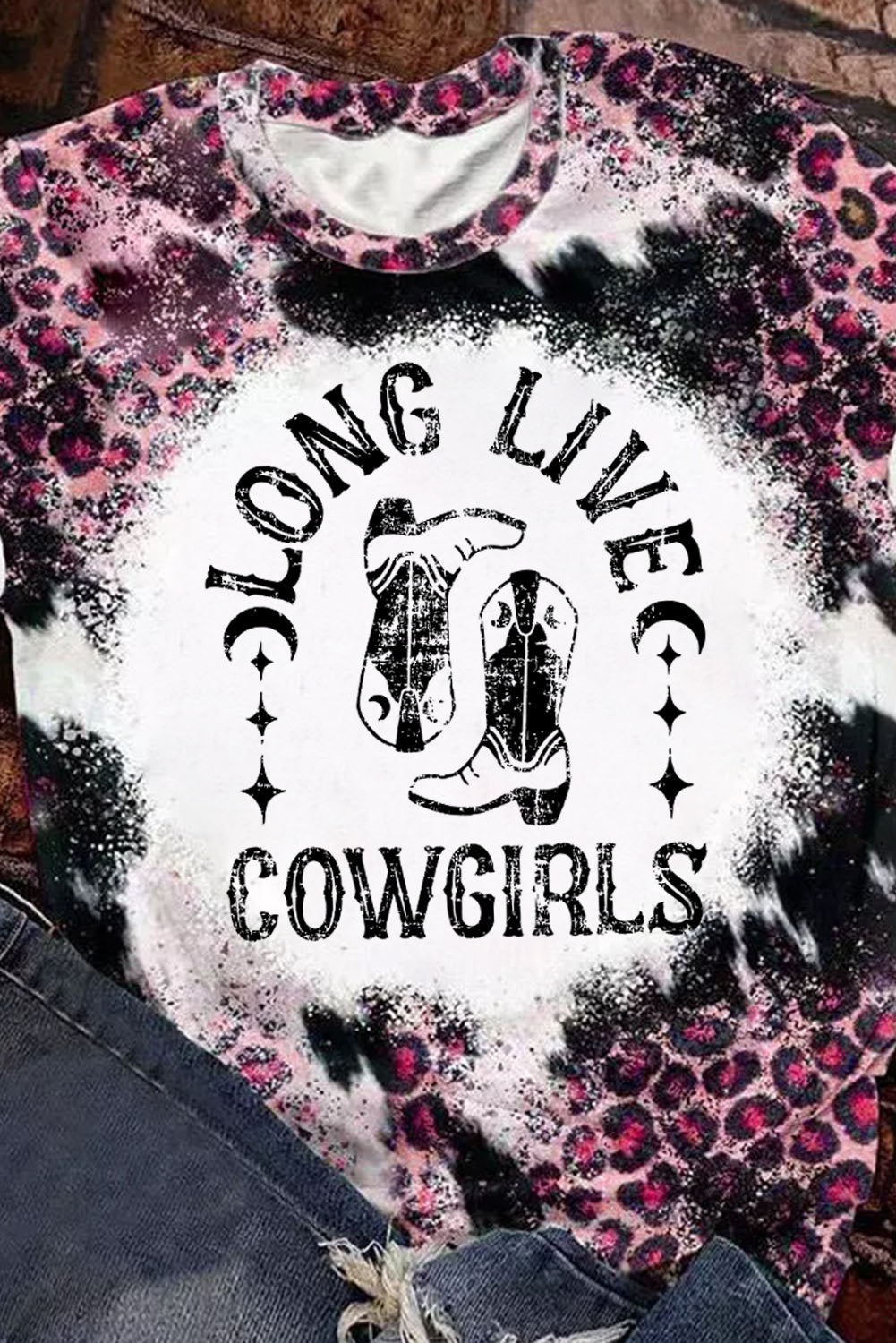 Pink Cowgirls Boots Leopard Bleached Crew Neck T Shirt Graphic Tees JT's Designer Fashion