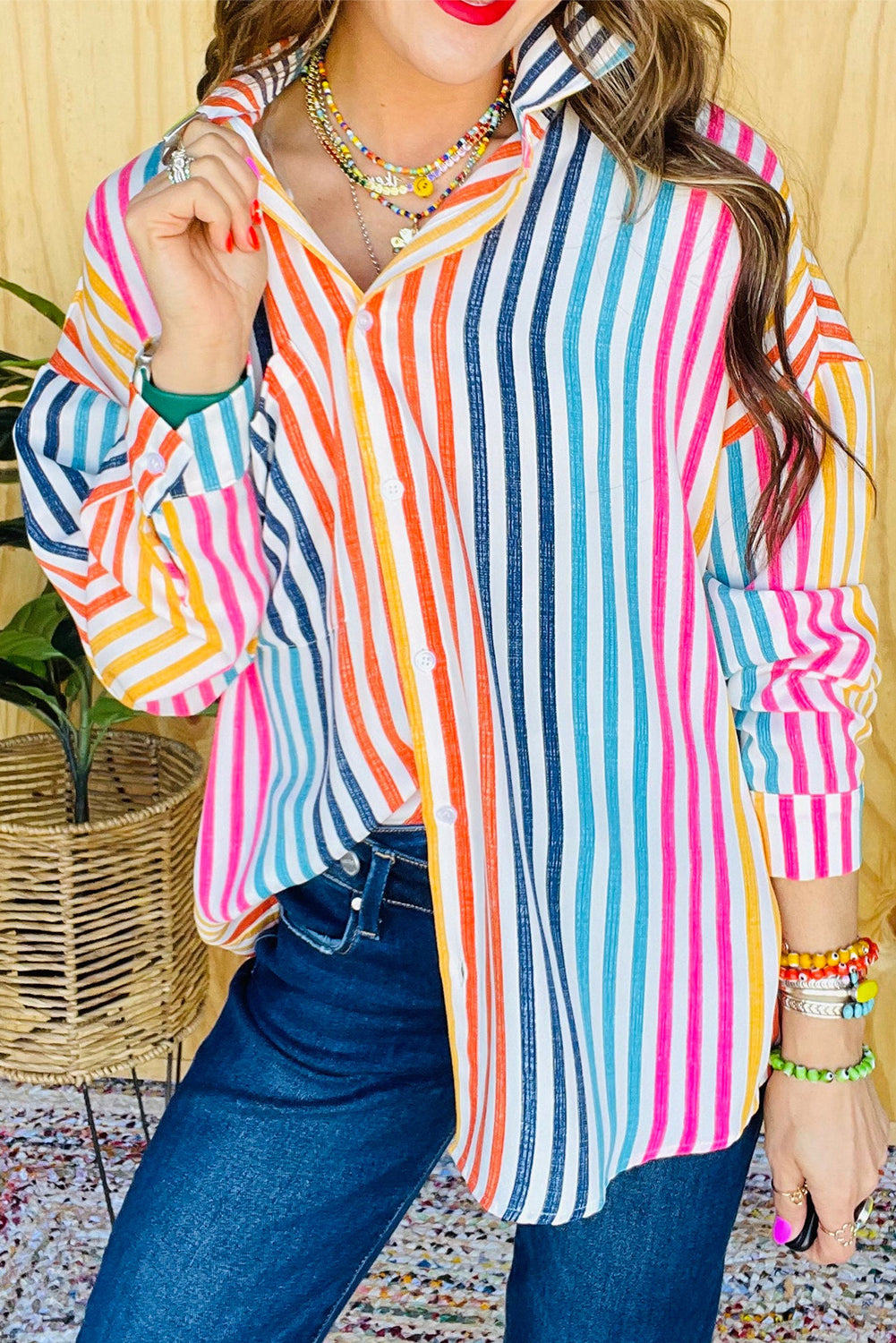 Orange Stripe Colorful Patch Pocket Long Sleeve Shirt Tops & Tees JT's Designer Fashion