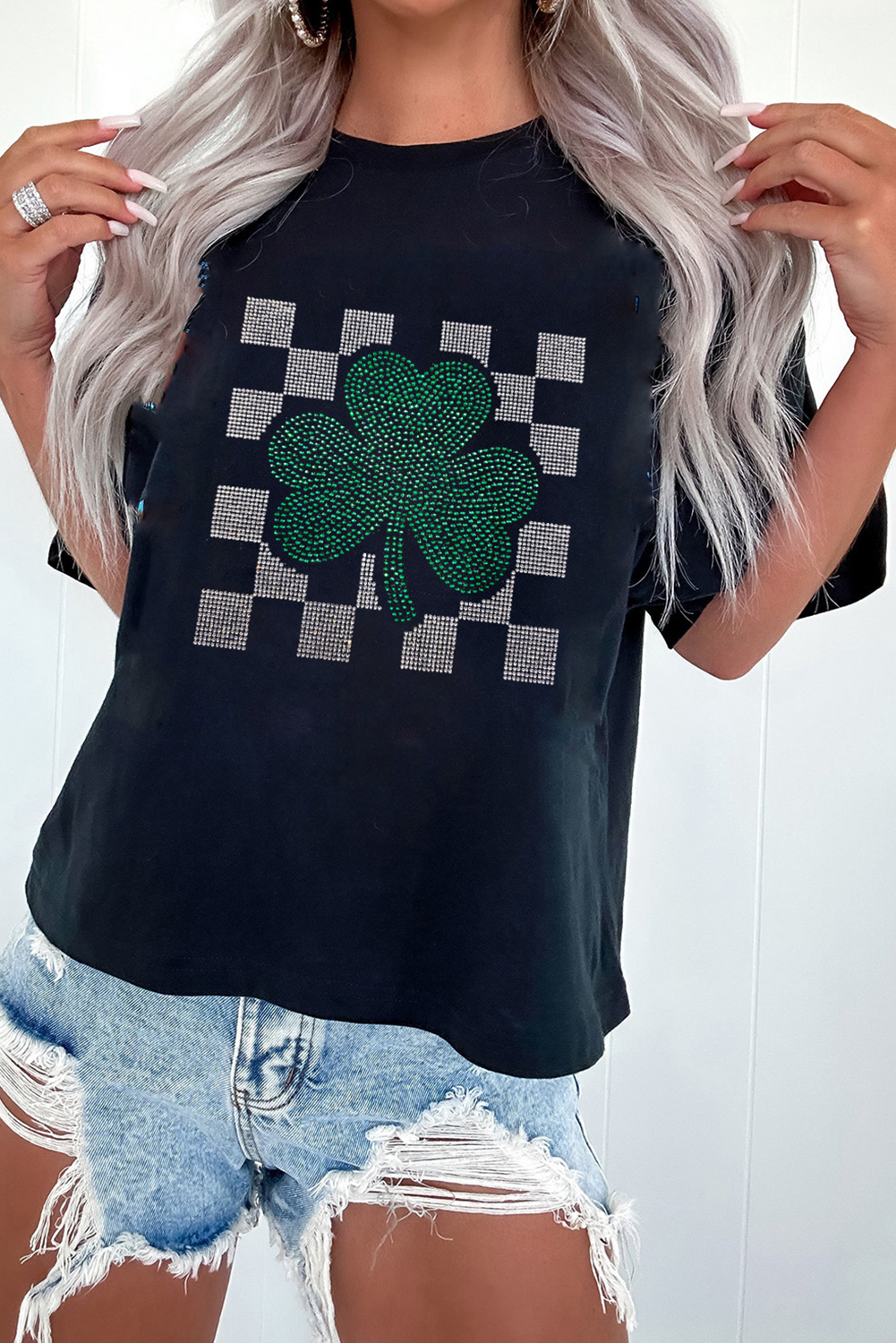 Black Clover Checkered Rhinestone Crew Neck T Shirt Graphic Tees JT's Designer Fashion