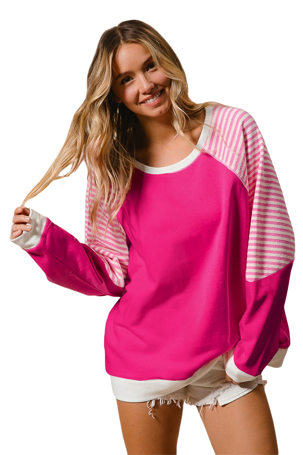 Strawberry Pink Striped Patchwork Crew Neck Raglan Sleeve Top Long Sleeve Tops JT's Designer Fashion