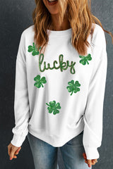 White lucky Clover Sequin Graphic Drop Shoulder Sweatshirt Graphic Sweatshirts JT's Designer Fashion