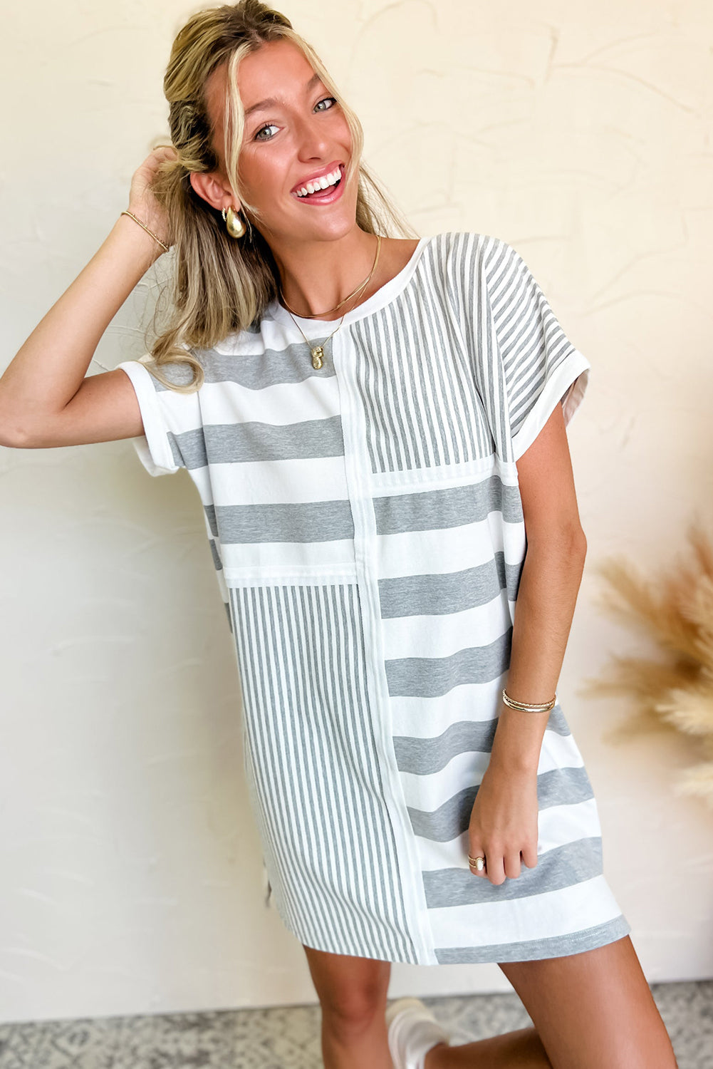 Gray Stripe Mixed Printed Short Sleeve Shift Mini T Shirt Dress T Shirt Dresses JT's Designer Fashion