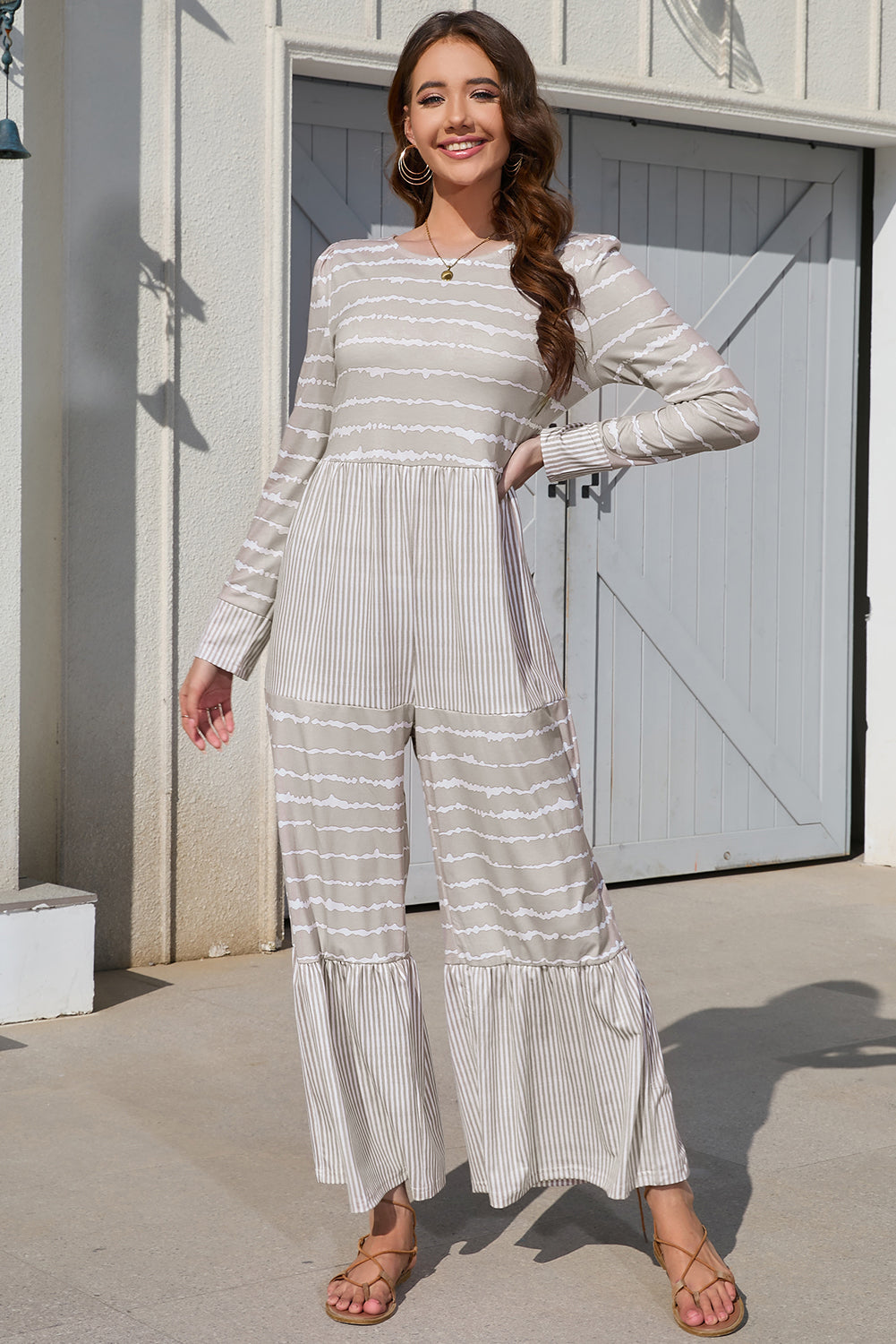 Light Grey Mix Striped Long Sleeve Wide Leg Jumpsuit Jumpsuits & Rompers JT's Designer Fashion