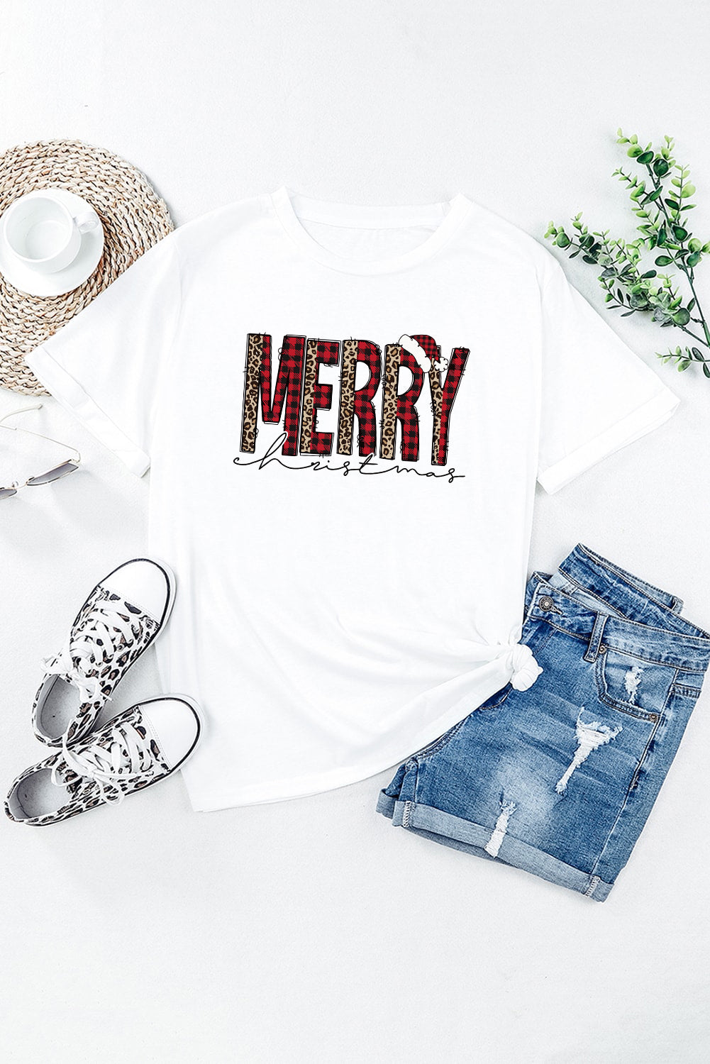 White Plaid Leopard MERRY Christmas Print T Shirt Graphic Tees JT's Designer Fashion