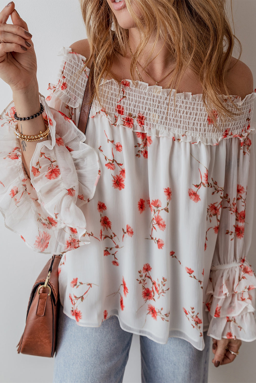 White Floral Print Shirred Off Shoulder Ruffled Sleeve Blouse Blouses & Shirts JT's Designer Fashion