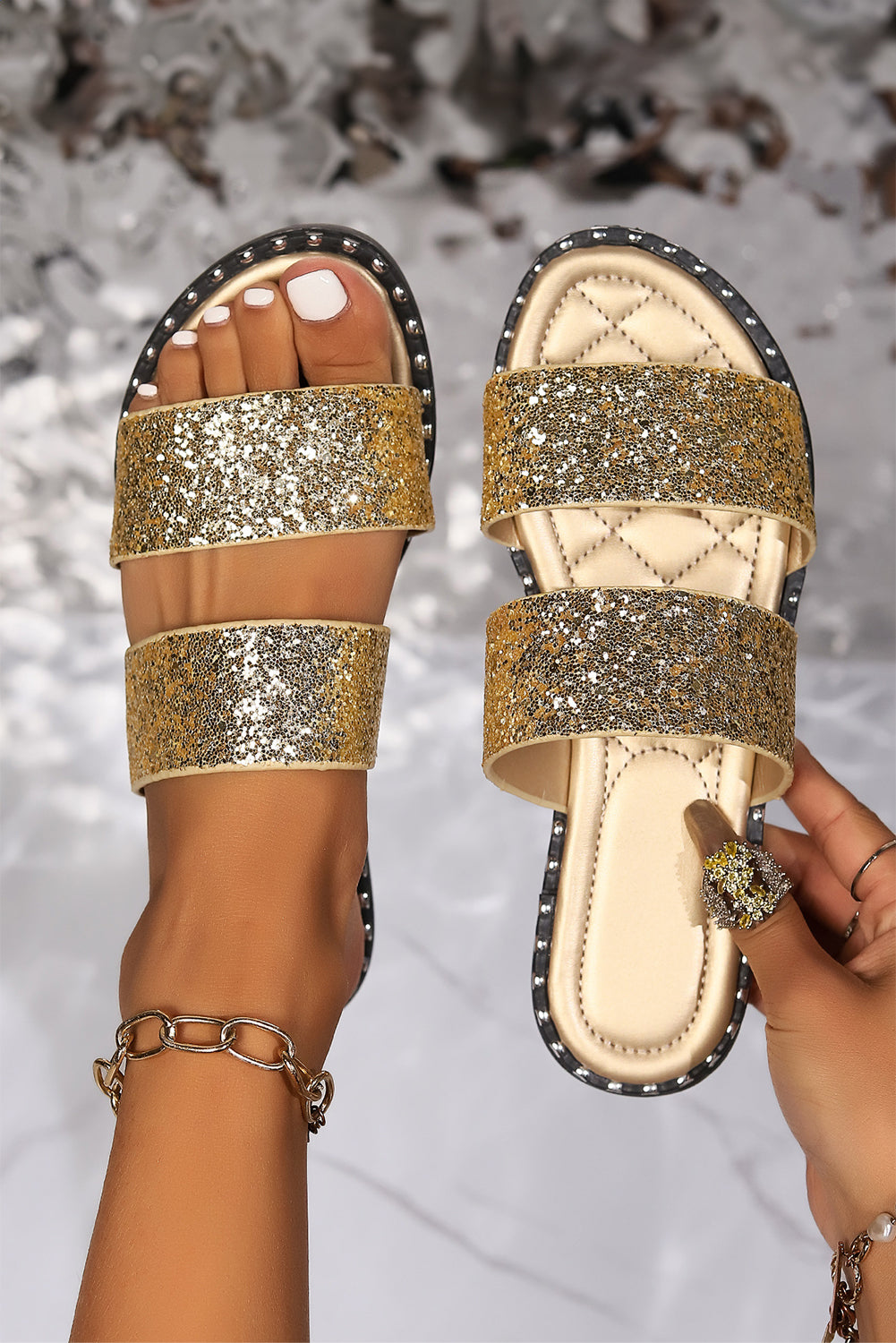 Gold Glittering Hollow Out Dual Straps Flat Slippers Slippers JT's Designer Fashion