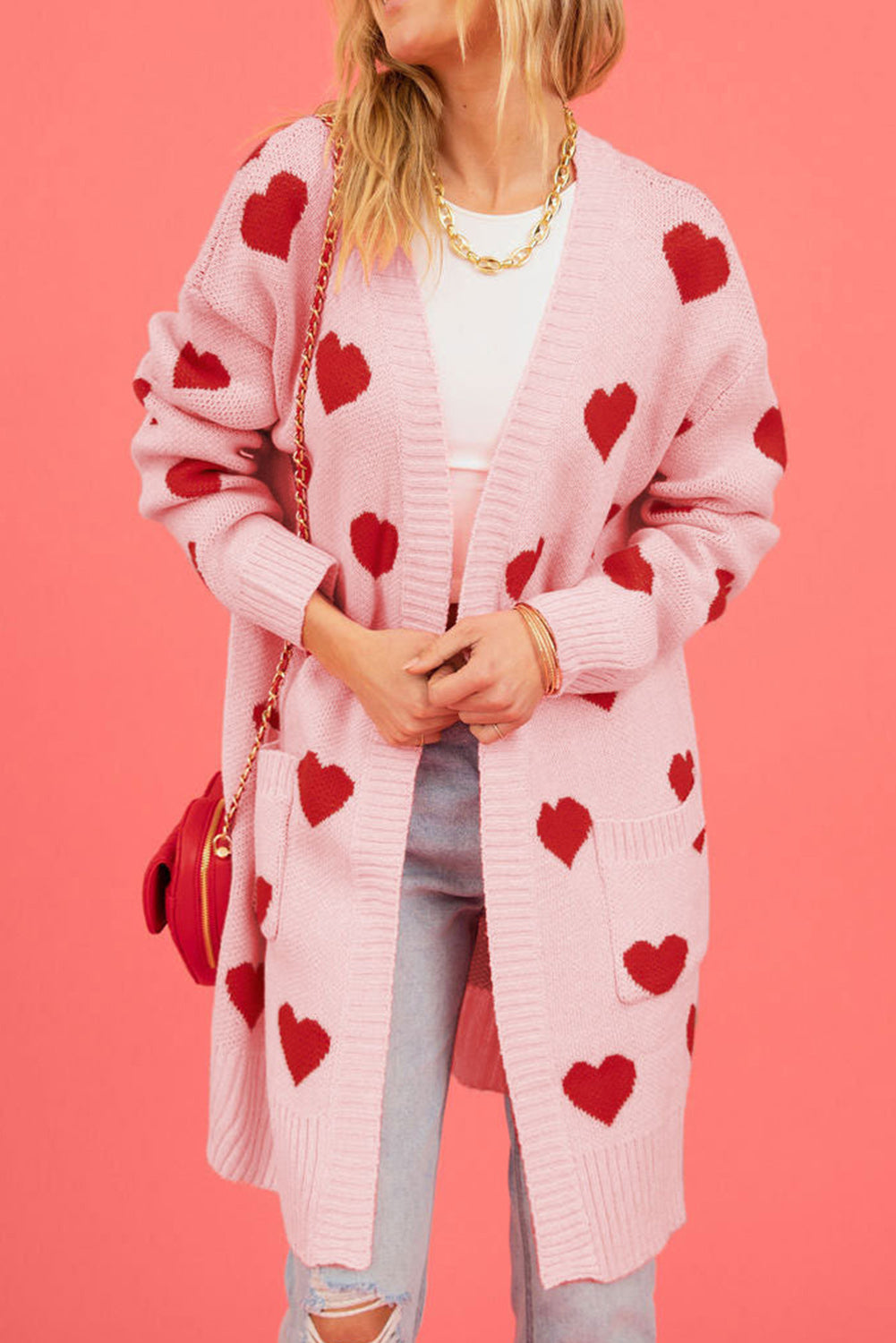 Light Pink Valentine's Day Heart Pattern Ribbed Trim Open Front Cardigan Sweaters & Cardigans JT's Designer Fashion