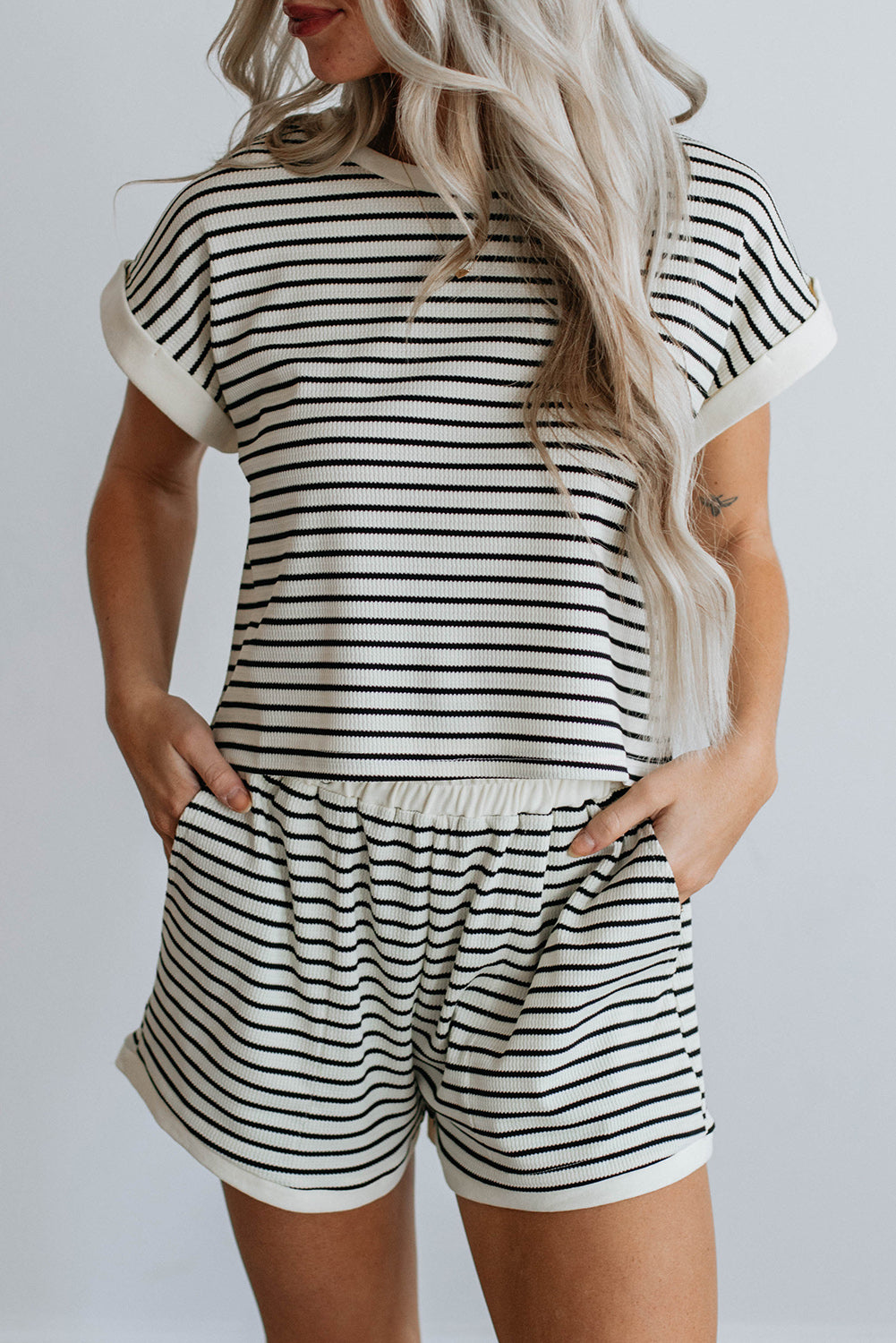 White Stripe Contrast Edge Tee and Shorts Set Bottoms JT's Designer Fashion