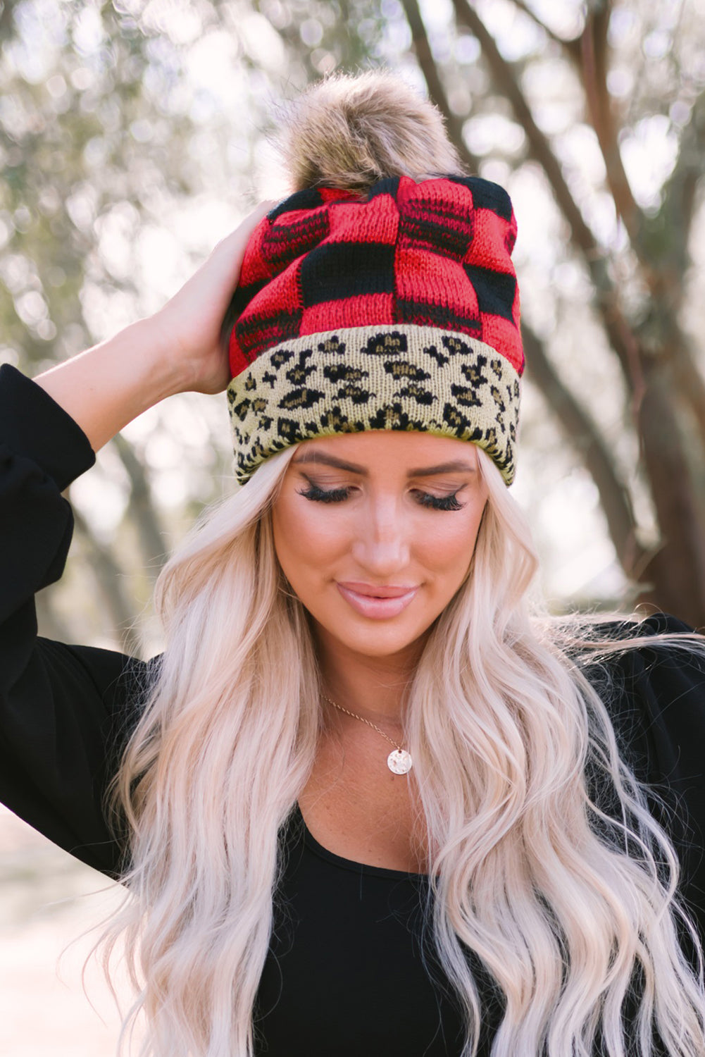 Red Plaid Leopard Brim Knit Beanie Hat Hats & Caps JT's Designer Fashion