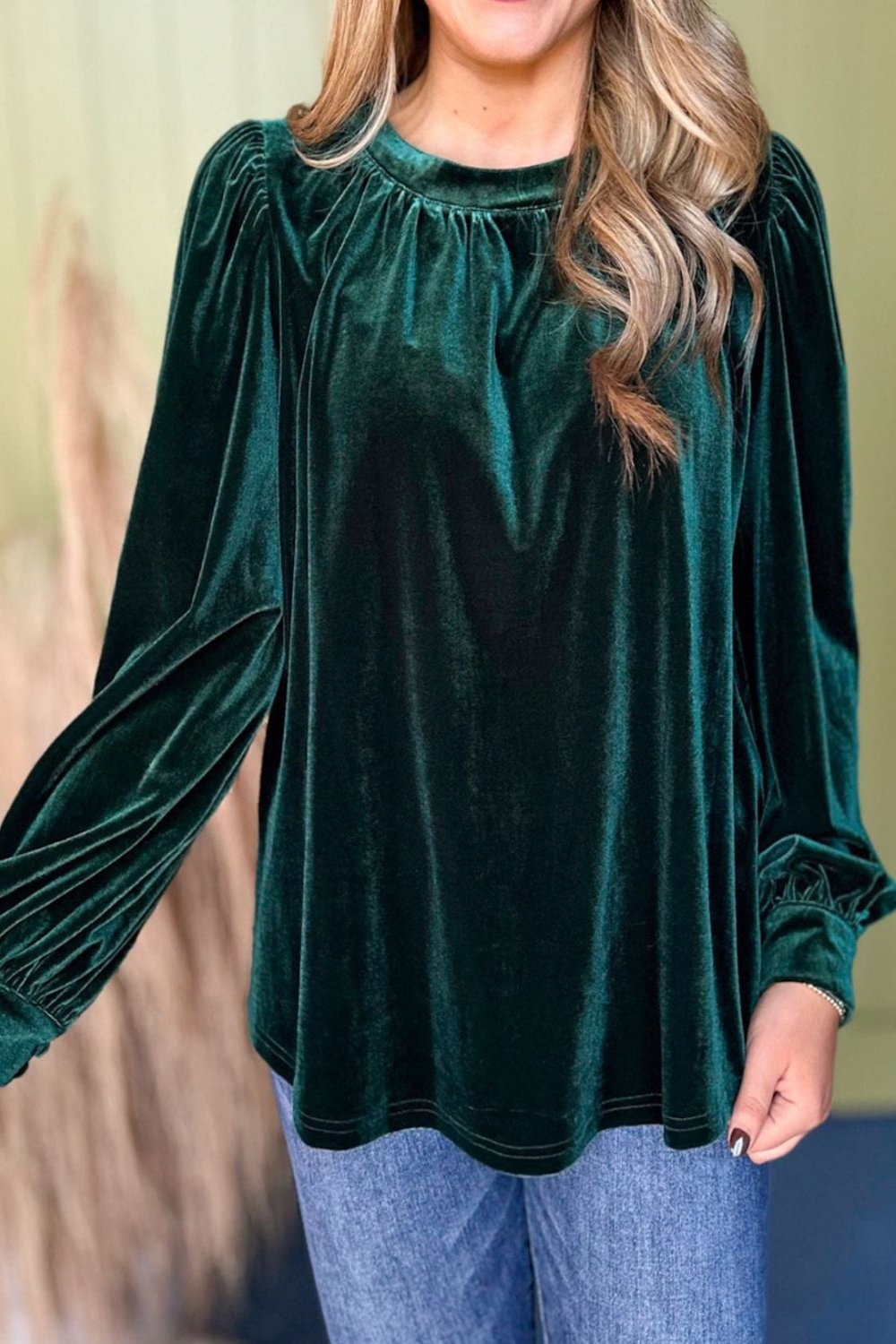 Ruched Round Neck Long Sleeve Blouse Dark Green Long Sleeve Tops JT's Designer Fashion