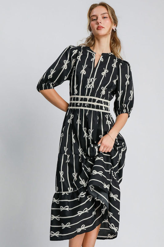 Umgee Bow Tie Print Notched Contrast Velvet Trim Midi Dress Black Midi Dresses JT's Designer Fashion