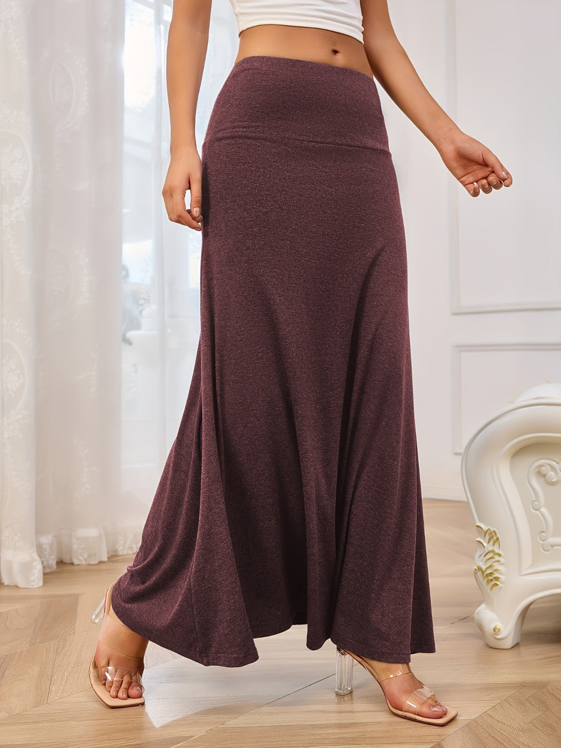 Solid Elastic Waist Maxi Skirt Burgundy Skirts & Petticoat JT's Designer Fashion