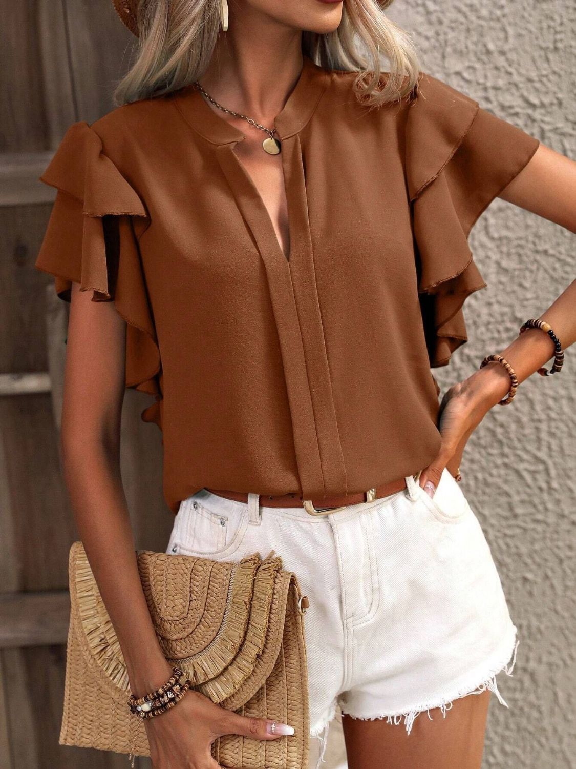 Ruffled Notched Short Sleeve Blouse Blouses & Shirts JT's Designer Fashion