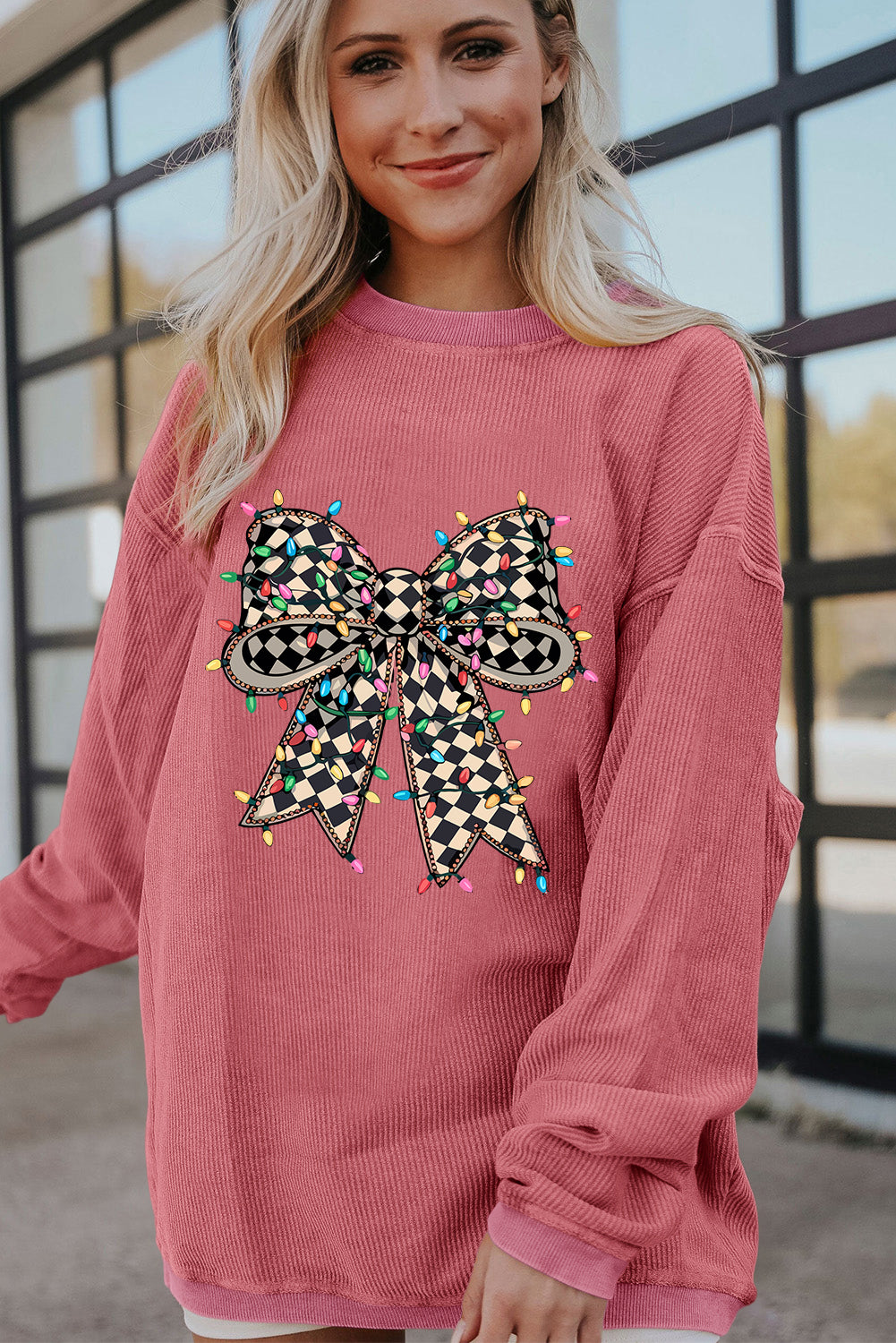 Strawberry Pink Checkered Bow Print Ribbed Crew Neck Pullover Sweatshirt Graphic Sweatshirts JT's Designer Fashion