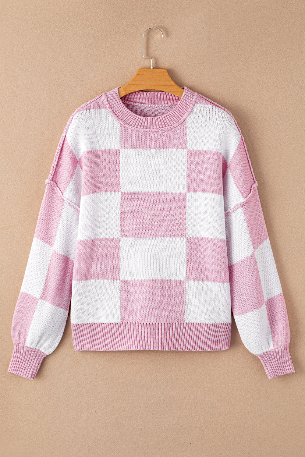 Pink Checkered Bishop Sleeve Sweater Sweaters & Cardigans JT's Designer Fashion