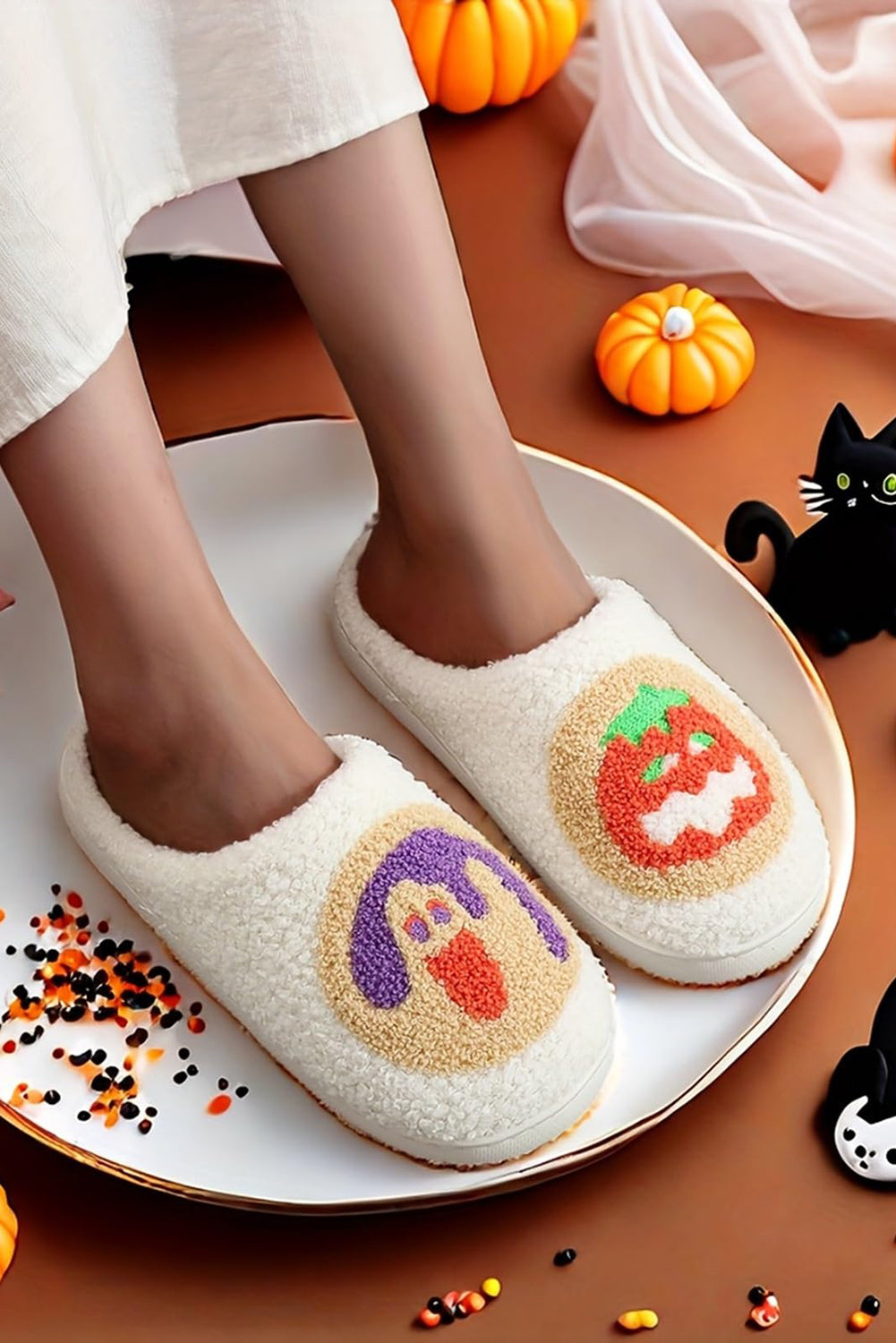 White Halloween Pumpkin Plush Winter Home Slippers Slippers JT's Designer Fashion