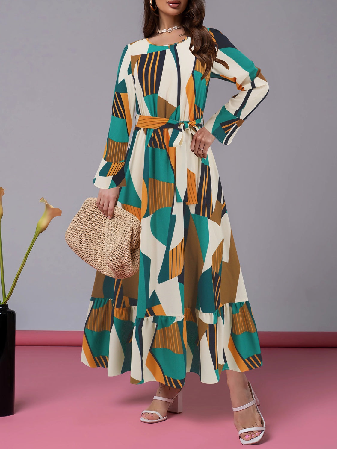 Ruffle Hem Tied Printed Long Sleeve Dress Maxi Dresses JT's Designer Fashion