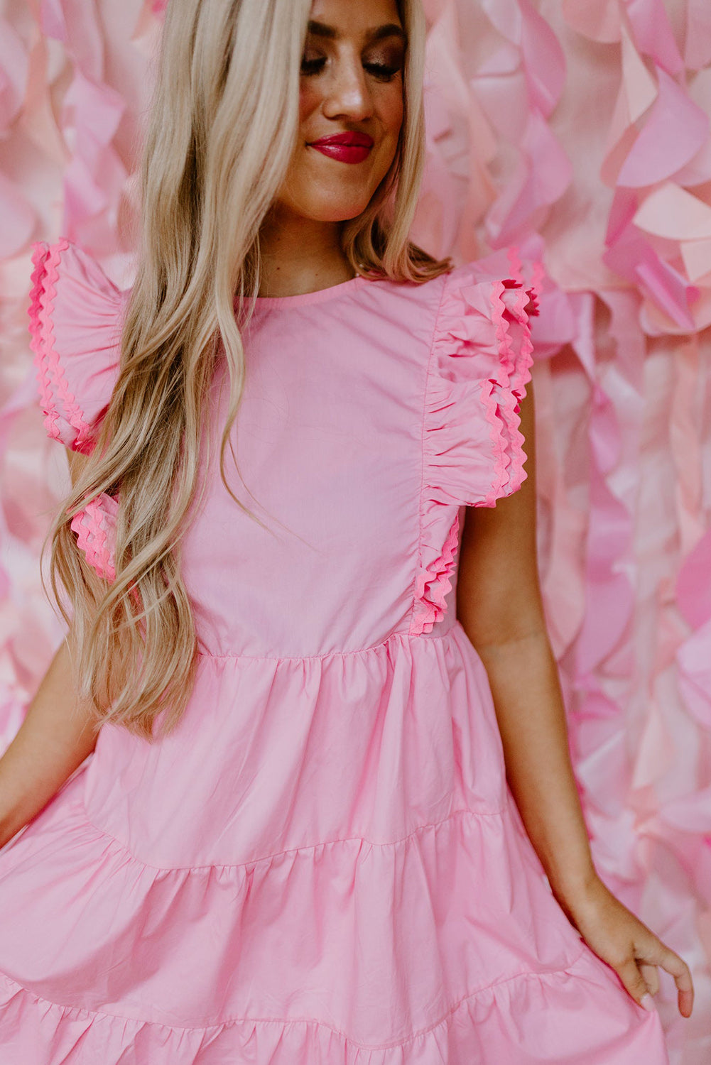 Pink Scalloped Flutter Sleeve Tiered Ruffled Mini Dress Dresses JT's Designer Fashion